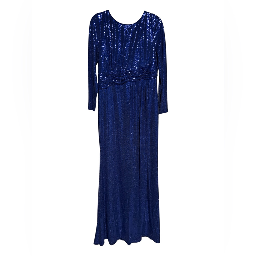 Calvin Klein Blue Metallic Sequined Draped Back Maxi Dress Size Xl New